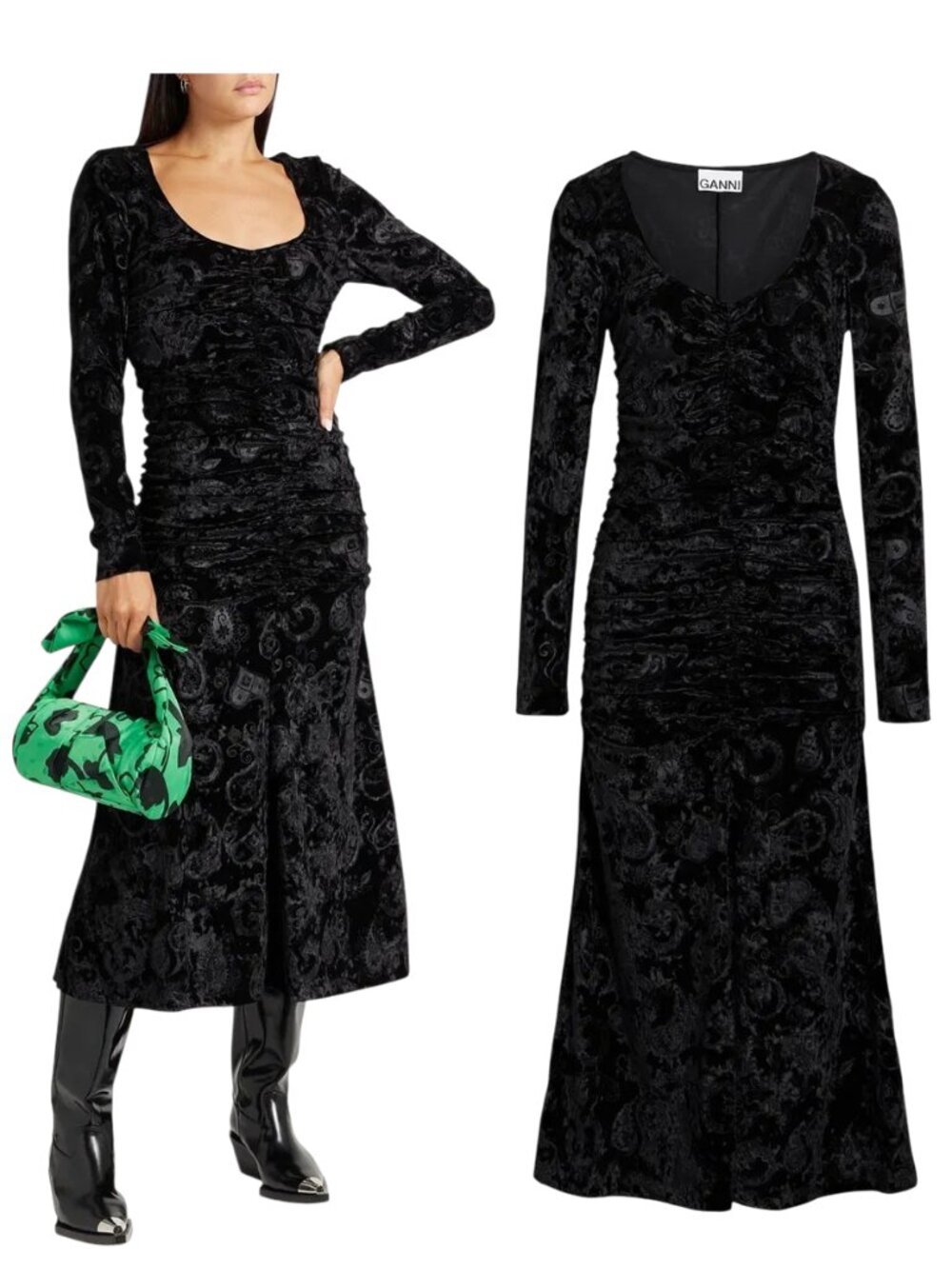 GANNI Black paisley velvet ruched midi dress IT 40 US 8 10 NWT